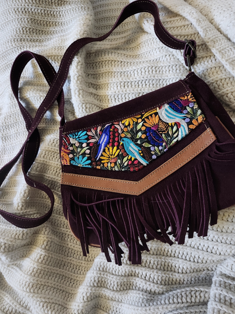Boho Embroidered Fringe Crossbody Bag - Plum